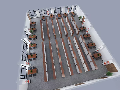 Aerial View of Open Office Interior with Rows of Tables Chairs Bookshelves and Large Windows 3d model