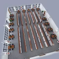 Aerial View of Open Office Interior with Rows of Tables Chairs Bookshelves and Large Windows
