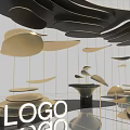 Modern Art Installation With Black And Gold Curved Layered Structures Hanging Elements And Reflective Floor