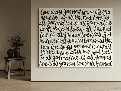 Wall Art Featuring Repeated Love Quote With Decorative Table And Plants 3d model