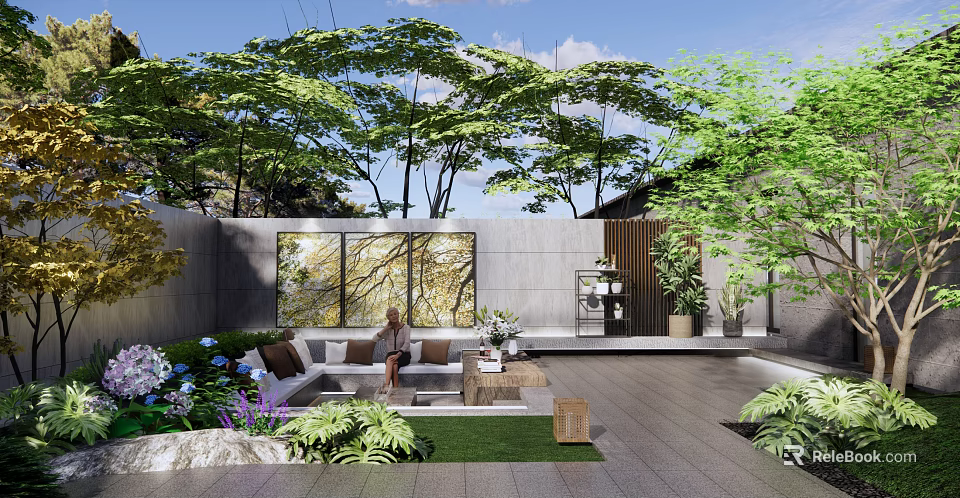 Serene Garden Landscape With Sofa Green Plants Trees Decorative Wall And Lawn 3d model 