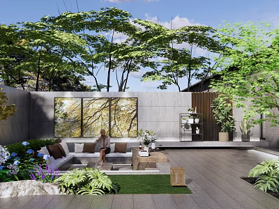 Serene Garden Landscape With Sofa Green Plants Trees Decorative Wall And Lawn 3d model