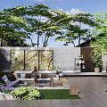 Serene Garden Landscape With Sofa Green Plants Trees Decorative Wall And Lawn