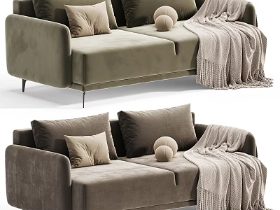 Stylish Modern Velvet Double Seater Sofa With Decorative Pillows And Soft Tassel Throw Blanket 3d model