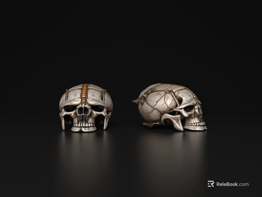 Two Decorative Skulls With Gold Silver Accents Intricate Patterns On Black Reflective Background 3d model 