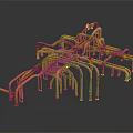 Complex Industrial Metal Pipes Interconnected Structure with Red Valves and Yellow Tubes