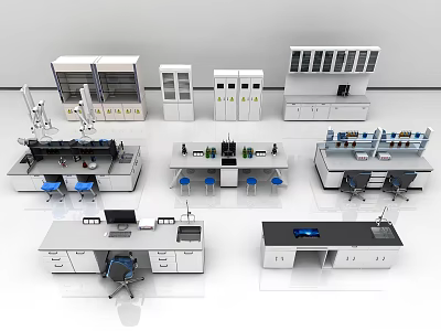 Modern Laboratory Interior With Workbenches Cabinets Fume Hoods And Scientific Equipment 3d model