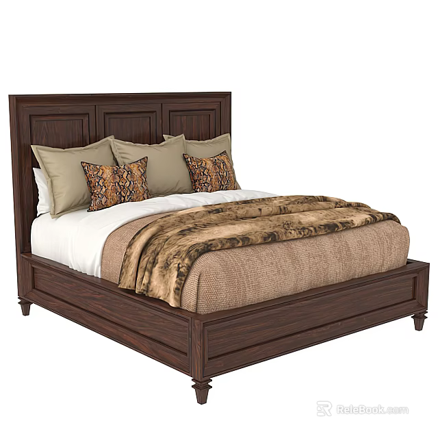 Dark Wooden Double Bed With Multiple Beige And Patterned Pillows And Brown Blanket 3d model
