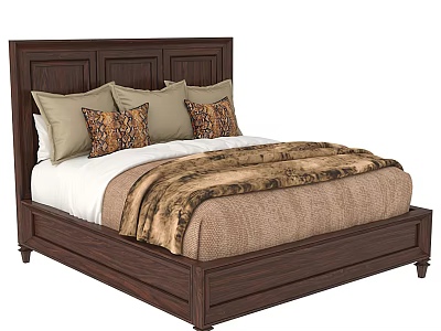 Dark Wooden Double Bed With Multiple Beige And Patterned Pillows And Brown Blanket 3d model