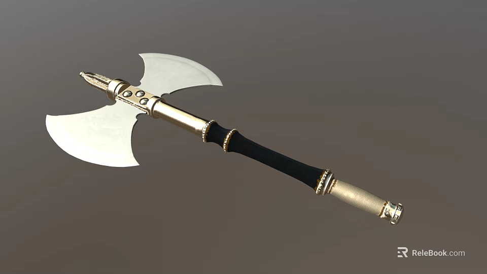 Medieval Battle Axe With Double Edged Metal Blade Wooden Handle And Decorative Metal Accents 3d model 