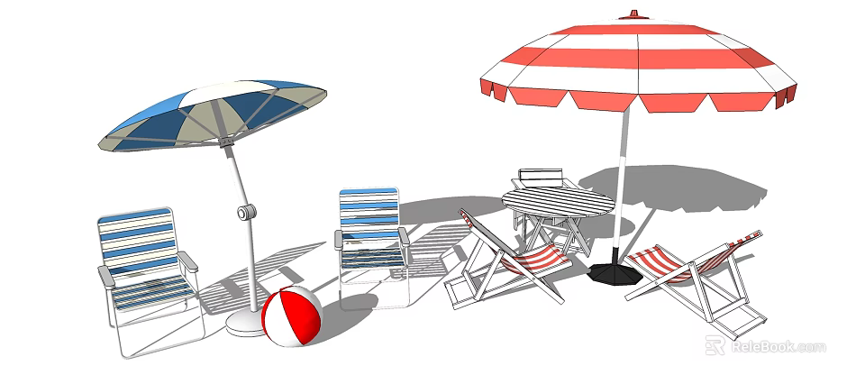 Colorful Striped Deck Chairs With Beach Umbrella Beach Ball And Folding Tables 3d model 
