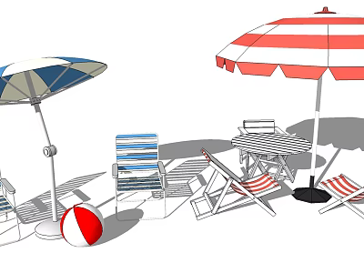 Colorful Striped Deck Chairs With Beach Umbrella Beach Ball And Folding Tables 3d model