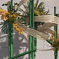 Modern Bamboo Decorative Structure With Yellow Flowers Green Plants Against Gray Wall