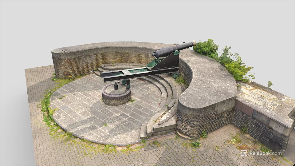 Historic Military Weapon Ancient Cannon on Circular Stone Platform With Stone Walls and Green Plants 3d model 