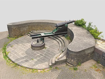 Historic Military Weapon Ancient Cannon on Circular Stone Platform With Stone Walls and Green Plants 3d model