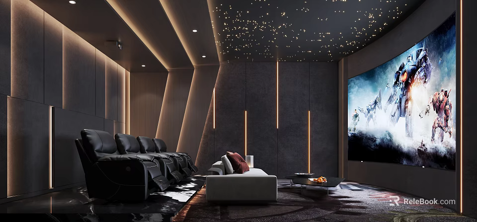 Modern Home Theater Room With Starry Ceiling Black Leather Sofas And Large Screen TV 3d model