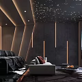 Modern Home Theater Room With Starry Ceiling Black Leather Sofas And Large Screen TV 3d model
