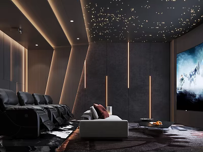 Modern Home Theater Room With Starry Ceiling Black Leather Sofas And Large Screen TV 3d model
