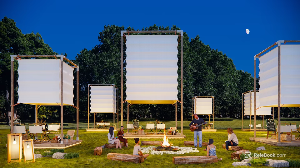 Night Garden Landscape With Large Screens Bonfire And People Gathering On Lawn 3d model 