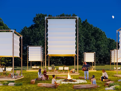 Night Garden Landscape With Large Screens Bonfire And People Gathering On Lawn 3d model