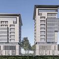 Twin Modern High Rise Office Buildings With Glass Curtain Walls and Landscaped Surroundings Including Trees