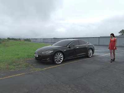 Black Tesla Sedan Parked By Roadside Woman In Red Dress Near Grassland Overcast Sky 3d model