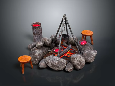 Wooden Stools Stone Circle Bonfire Setup With Tripod Cooking Pot 3d model