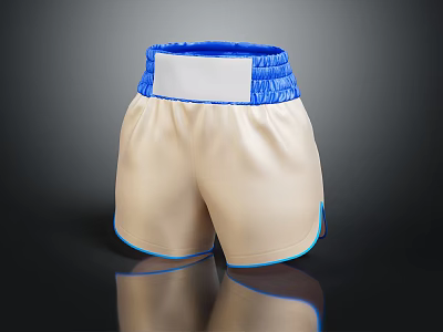 Beige Boxing Shorts With Blue Waistband White Label And Reflective Surface Design 3d model
