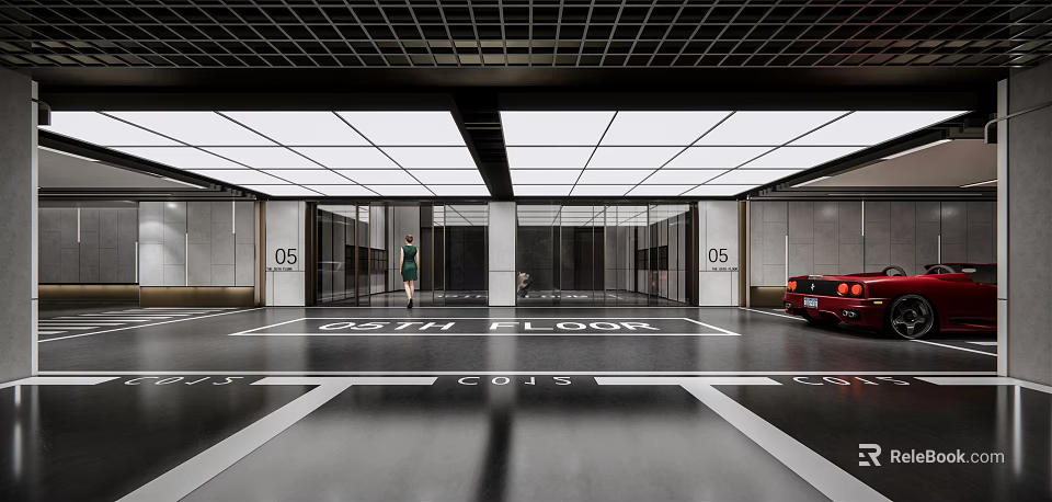 Modern Parking Garage With Bright Ceiling Lighting Red Sports Car And Marked Spaces 3d model 