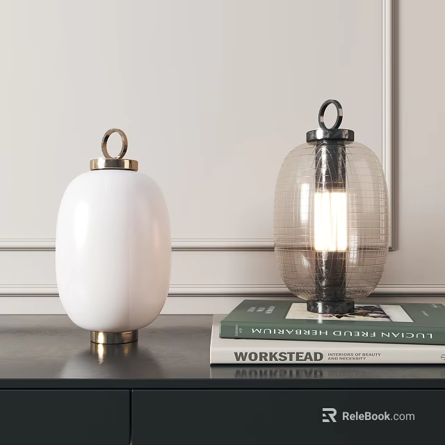 Two Modern Table Lamps White With Metal Accents And Glass Grid Design On Book 3d model 