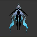 Futuristic Female Character With White Hair Blue Flowing Ribbons And Black Tight Fitting Outfit