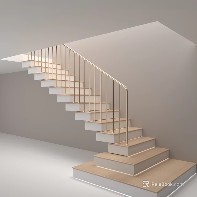 Modern Staircase Design Featuring Golden Railing White Steps Wooden Treads And Integrated Lighting 3d model 