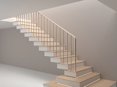 Modern Staircase Design Featuring Golden Railing White Steps Wooden Treads And Integrated Lighting 3d model