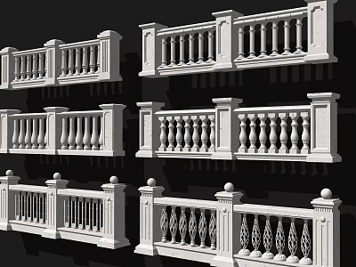 Various Styles Of Decorative White Railings With Balusters And Ornate Posts 3d model