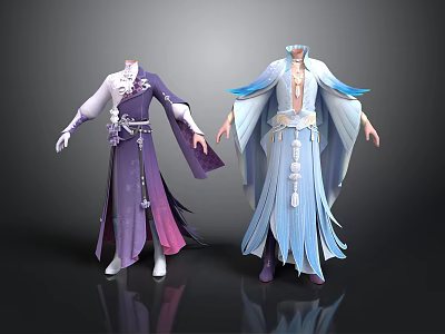 Woman In Elegant Traditional Purple And Blue Flowing Robes With Ornaments 3d model