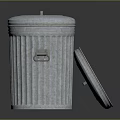 Two Ribbed Metal Trash Cans With Shiny Galvanized Finish And Open Lid