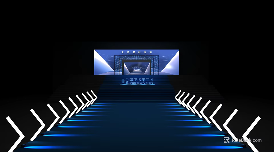 Event Stage With Blue Carpet Steps Lighting And Large Screen 3d model