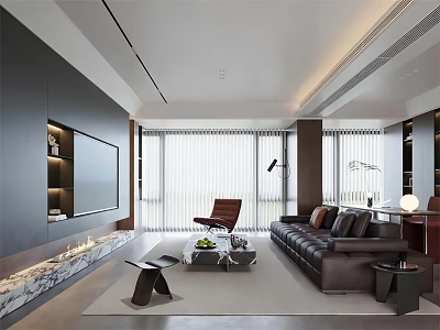 Modern Luxury Living Room With Leather Sofa Marble Coffee Table And Full Height Windows 3d model