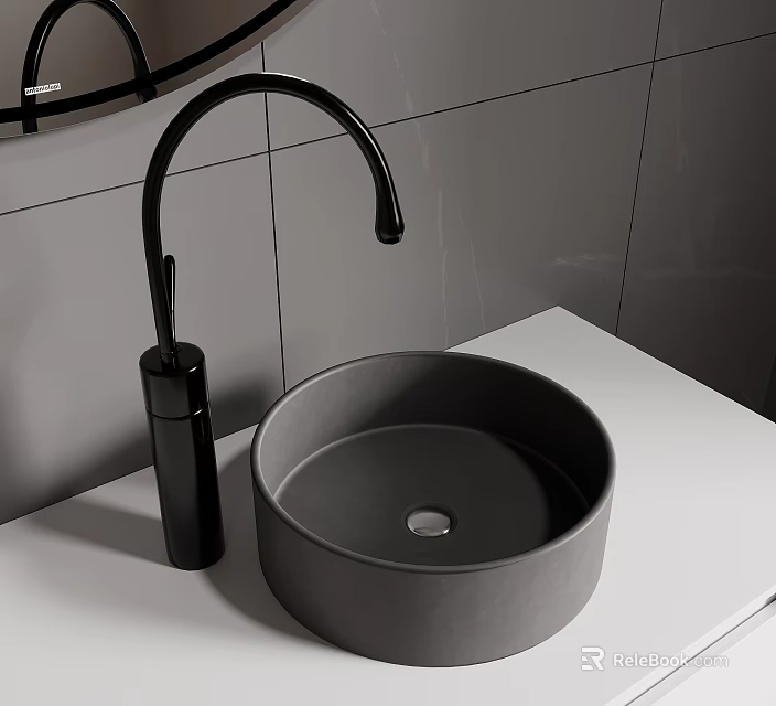 Modern Bathroom Sink Area With Black Faucet And Gray Tiled Backdrop 3d model 