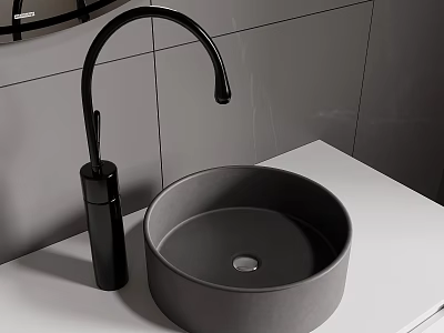 Modern Bathroom Sink Area With Black Faucet And Gray Tiled Backdrop 3d model