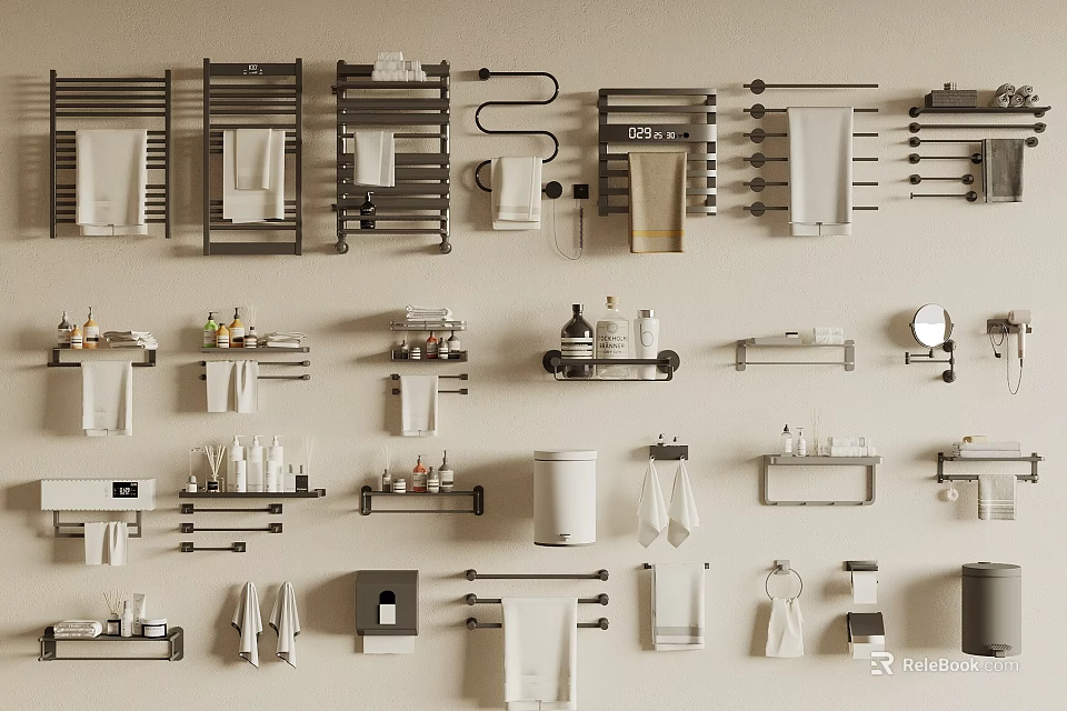Bathroom Towels with Various Styles of Wall Mounted Racks and Accessories 3d model 