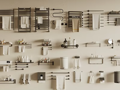 Bathroom Towels with Various Styles of Wall Mounted Racks and Accessories 3d model