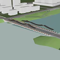 Scenic Landscape Bridge Over Water With Sail Canopy Greenery Reflection And Modern Buildings