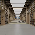 Modern Library Interior With Wooden Bookshelves Spacious Aisle And Ceiling Lights