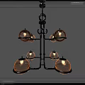 Modern Industrial Style Chandelier with Black Metal Frame and Textured Glass Shades on Multiple Arms