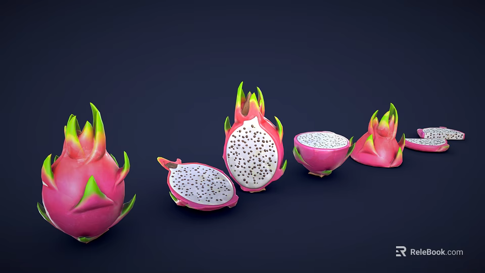 Whole and Sliced Dragon Fruit with Pink Skin and Black Seeds on Dark Background 3d model 