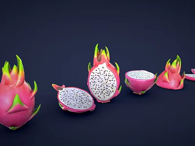 Whole and Sliced Dragon Fruit with Pink Skin and Black Seeds on Dark Background 3d model