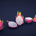 Whole and Sliced Dragon Fruit with Pink Skin and Black Seeds on Dark Background
