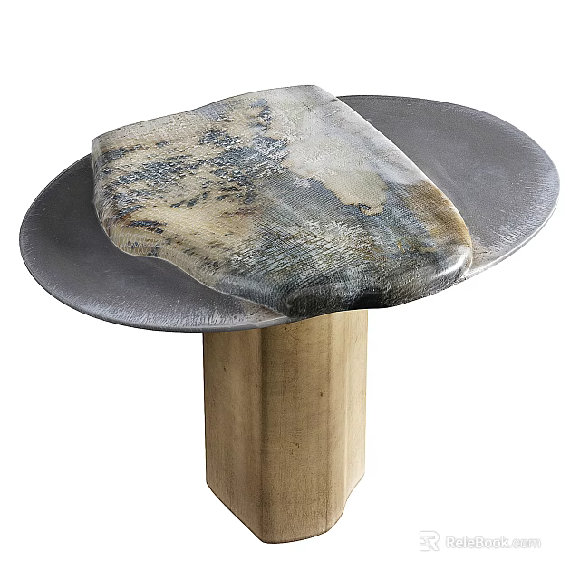 Unique Modern Coffee Table Featuring Marble Like Textured Top Metallic Circular Base Wooden Hexagonal Pedestal 3d model 