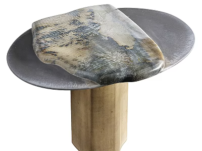 Unique Modern Coffee Table Featuring Marble Like Textured Top Metallic Circular Base Wooden Hexagonal Pedestal 3d model